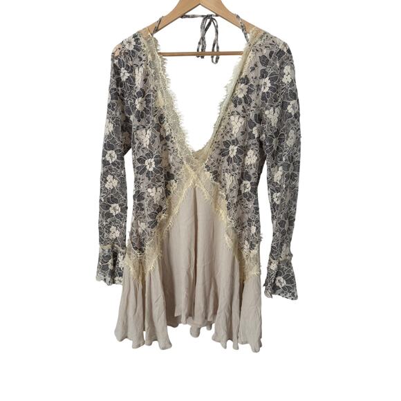 Tularosa Long Sleeve Cream Lace Tie‎ Back Mini Dress Medium Bridal Boho Gauze - Picture 1 of 4